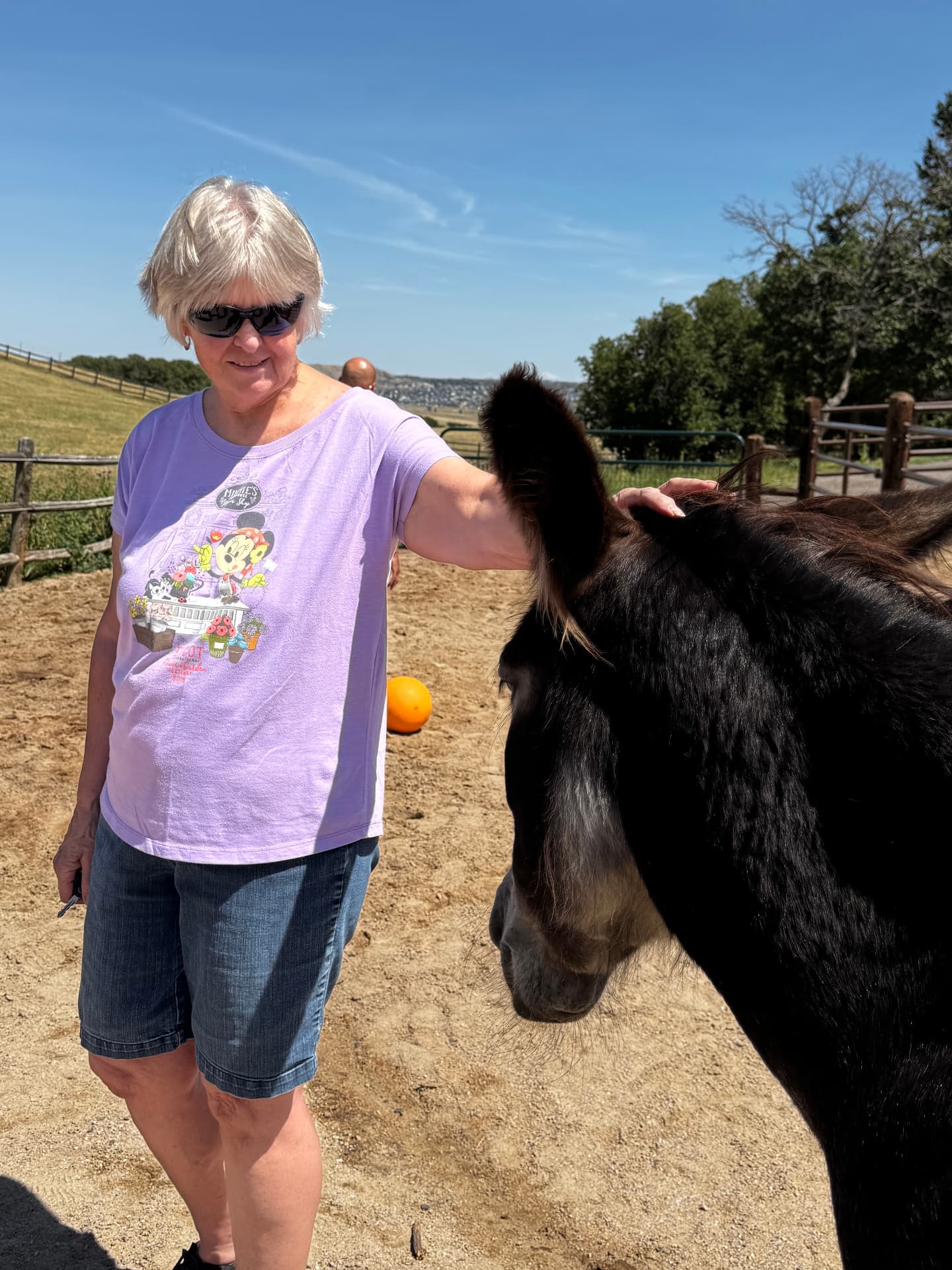 A woman smiling as she scratches a dark burro's withers