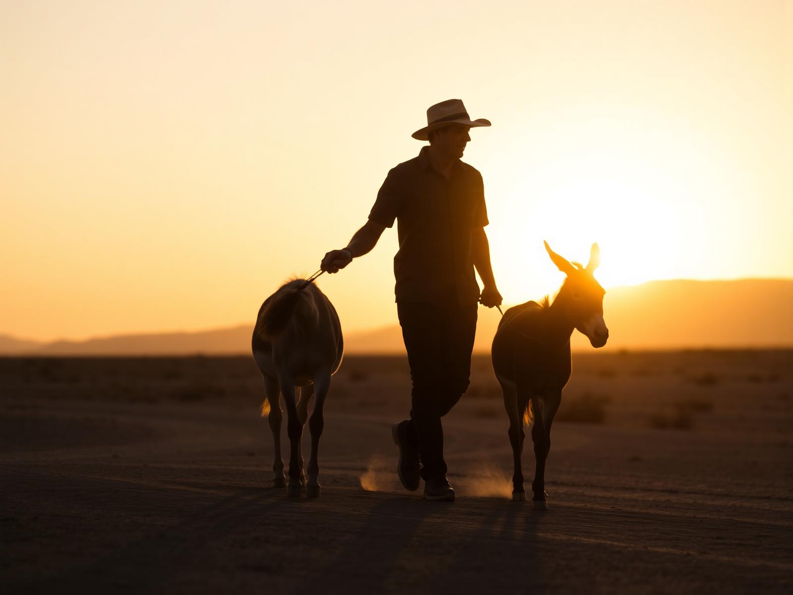 A walk with the burros at sunset